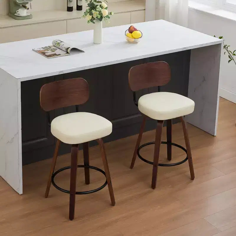 CLIHOME Set of 2 Swivel Bar Stools, 26 Upholstered Faux Leather Counter Height Barstools with Walnut Back & Bentwood Legs