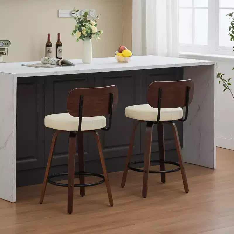CLIHOME Set of 2 Swivel Bar Stools, 26 Upholstered Faux Leather Counter Height Barstools with Walnut Back & Bentwood Legs