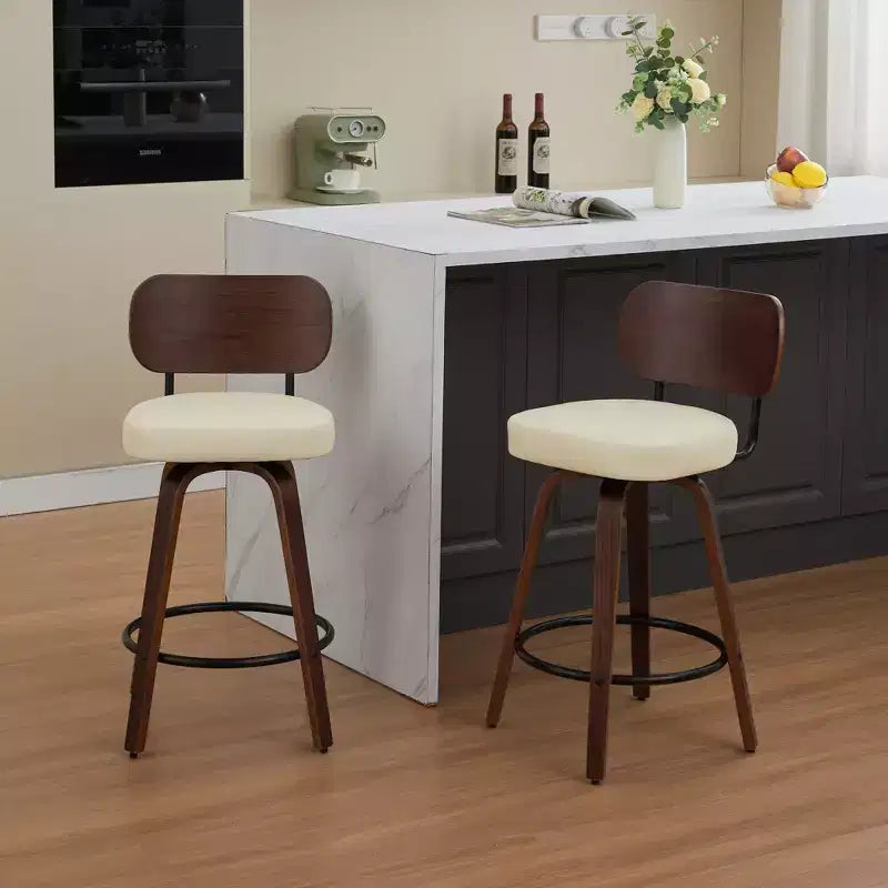 CLIHOME Set of 2 Swivel Bar Stools, 26 Upholstered Faux Leather Counter Height Barstools with Walnut Back & Bentwood Legs