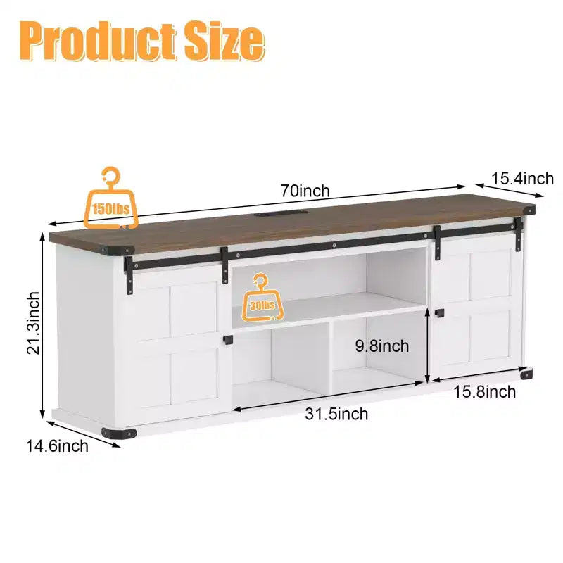 Meuble TV de 70 po pour téléviseurs de 75 po, centre de divertissement de style rustique avec portes coulissantes de grange et armoires de rangement, table console TV média moderne