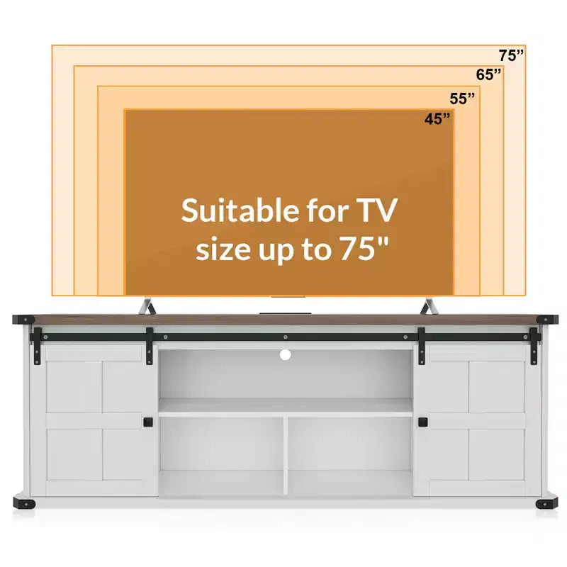 Meuble TV de 70 po pour téléviseurs de 75 po, centre de divertissement de style rustique avec portes coulissantes de grange et armoires de rangement, table console TV média moderne