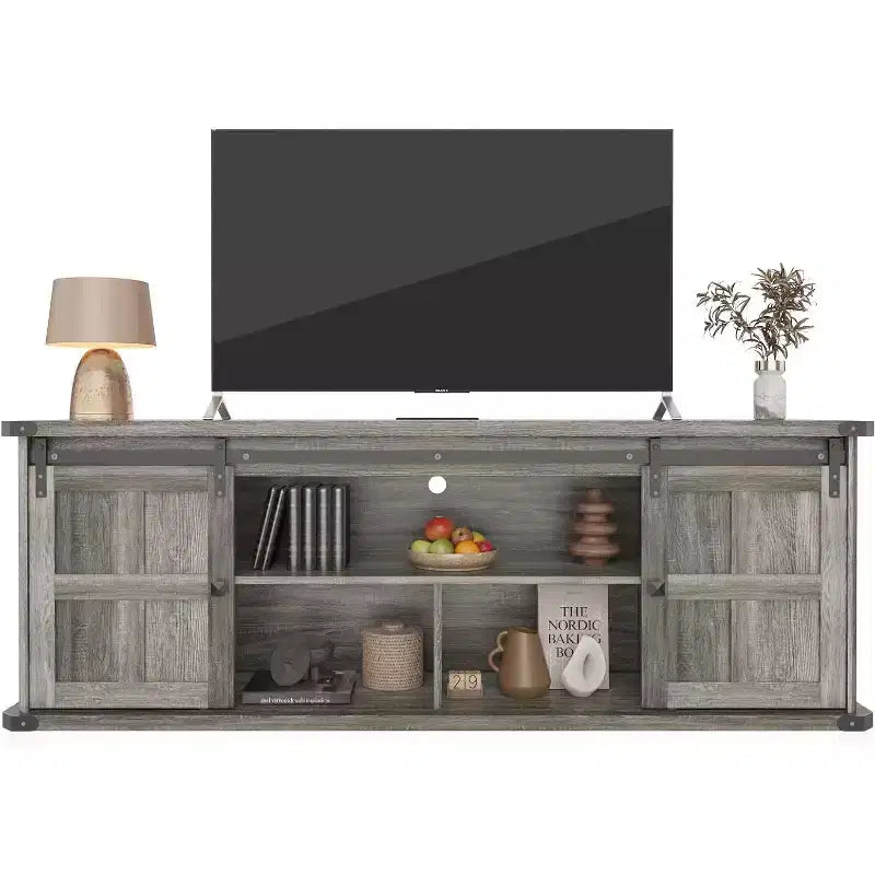 Meuble TV de 70 po pour téléviseurs de 75 po, centre de divertissement de style rustique avec portes coulissantes de grange et armoires de rangement, table console TV média moderne