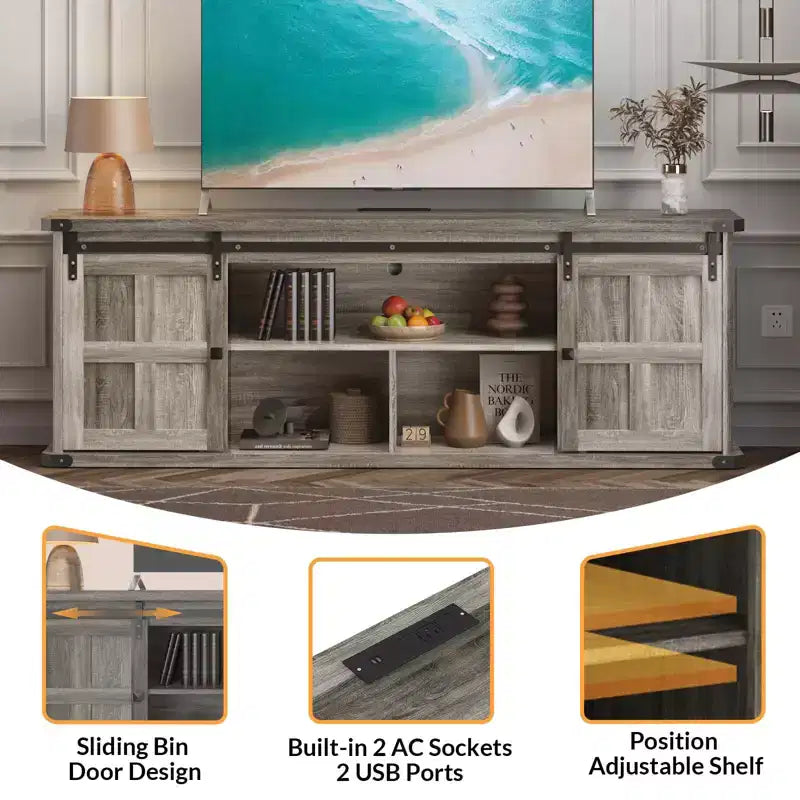 Meuble TV de 70 po pour téléviseurs de 75 po, centre de divertissement de style rustique avec portes coulissantes de grange et armoires de rangement, table console TV média moderne