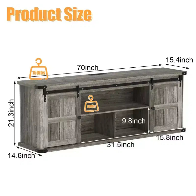 Meuble TV de 70 po pour téléviseurs de 75 po, centre de divertissement de style rustique avec portes coulissantes de grange et armoires de rangement, table console TV média moderne