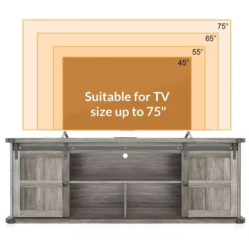 Meuble TV de 70 po pour téléviseurs de 75 po, centre de divertissement de style rustique avec portes coulissantes de grange et armoires de rangement, table console TV média moderne