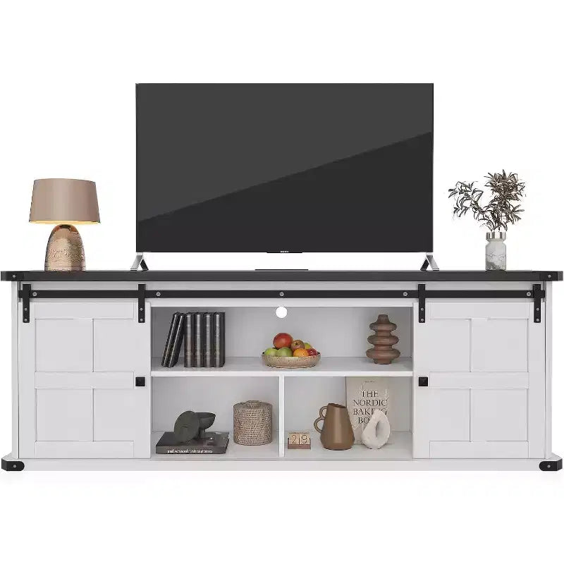 Meuble TV de 70 po pour téléviseurs de 75 po, centre de divertissement de style rustique avec portes coulissantes de grange et armoires de rangement, table console TV média moderne