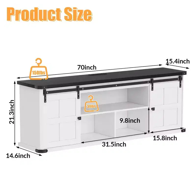 Meuble TV de 70 po pour téléviseurs de 75 po, centre de divertissement de style rustique avec portes coulissantes de grange et armoires de rangement, table console TV média moderne