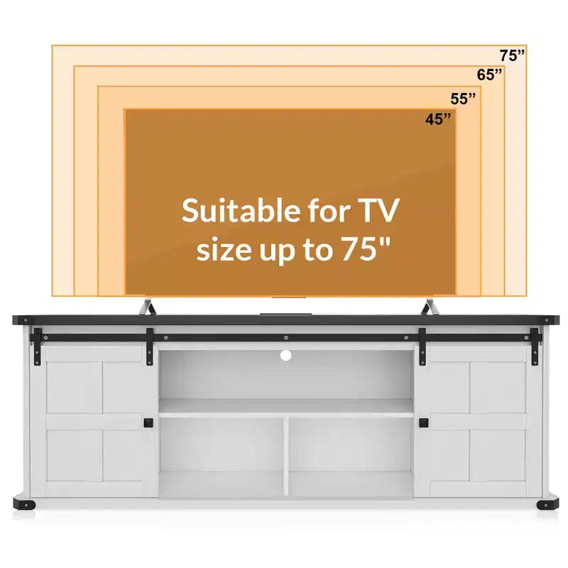 Meuble TV de 70 po pour téléviseurs de 75 po, centre de divertissement de style rustique avec portes coulissantes de grange et armoires de rangement, table console TV média moderne