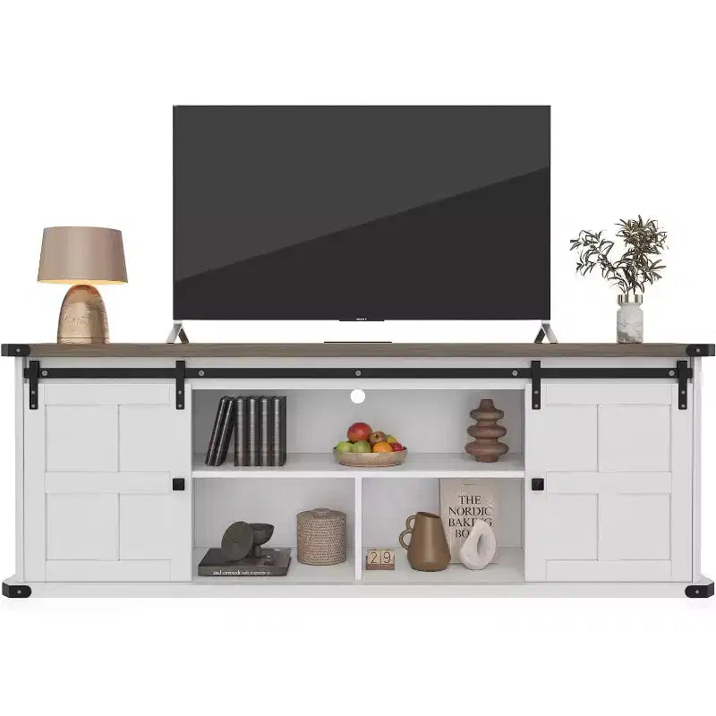 Meuble TV de 70 po pour téléviseurs de 75 po, centre de divertissement de style rustique avec portes coulissantes de grange et armoires de rangement, table console TV média moderne