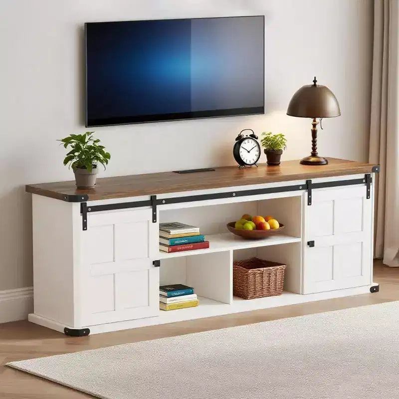 Meuble TV de 70 po pour téléviseurs de 75 po, centre de divertissement de style rustique avec portes coulissantes de grange et armoires de rangement, table console TV média moderne