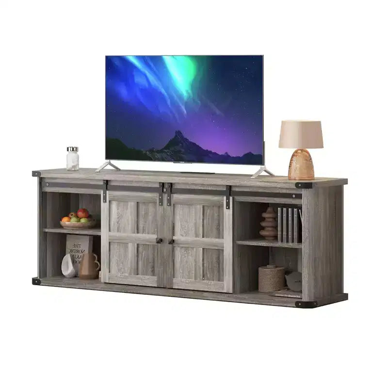 Meuble TV de 70 po pour téléviseurs de 75 po, centre de divertissement de style rustique avec portes coulissantes de grange et armoires de rangement, table console TV média moderne