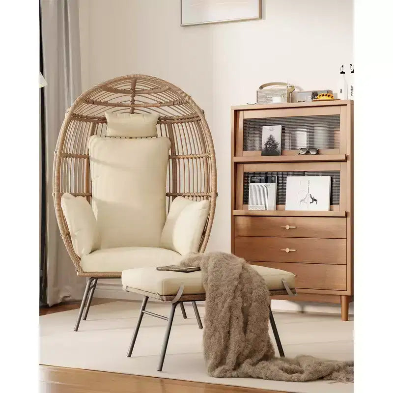 Fauteuil œuf en osier avec ottoman, fauteuil œuf en rotin avec coussin épais, fauteuil œuf confortable en rotin pour patio, porche, jardin intérieur/extérieur