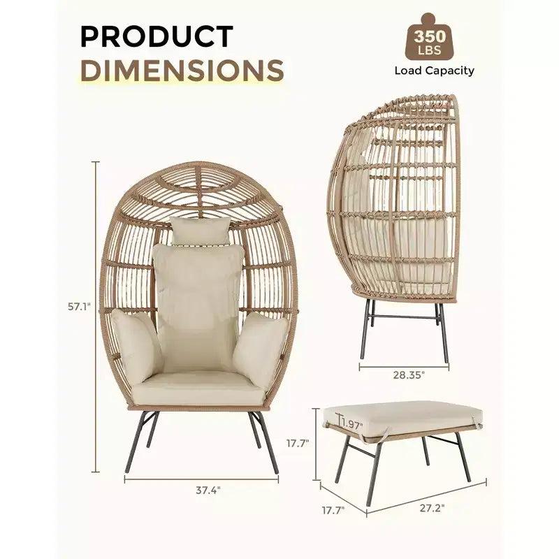 Fauteuil œuf en osier avec ottoman, fauteuil œuf en rotin avec coussin épais, fauteuil œuf confortable en rotin pour patio, porche, jardin intérieur/extérieur