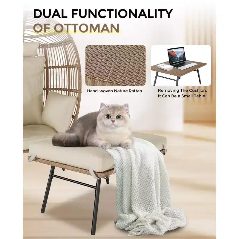 Fauteuil œuf en osier avec ottoman, fauteuil œuf en rotin avec coussin épais, fauteuil œuf confortable en rotin pour patio, porche, jardin intérieur/extérieur