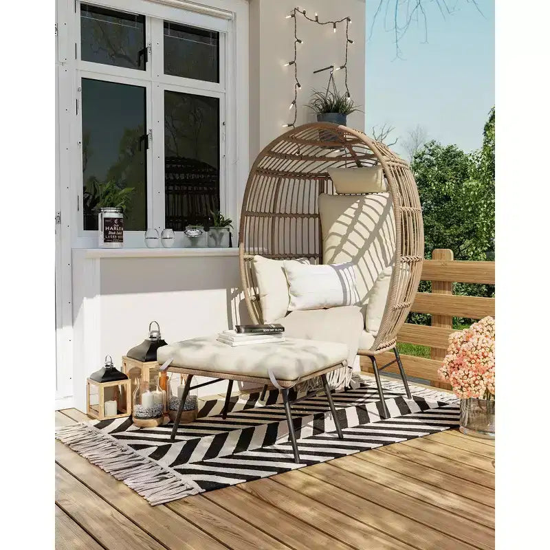 Fauteuil œuf en osier avec ottoman, fauteuil œuf en rotin avec coussin épais, fauteuil œuf confortable en rotin pour patio, porche, jardin intérieur/extérieur