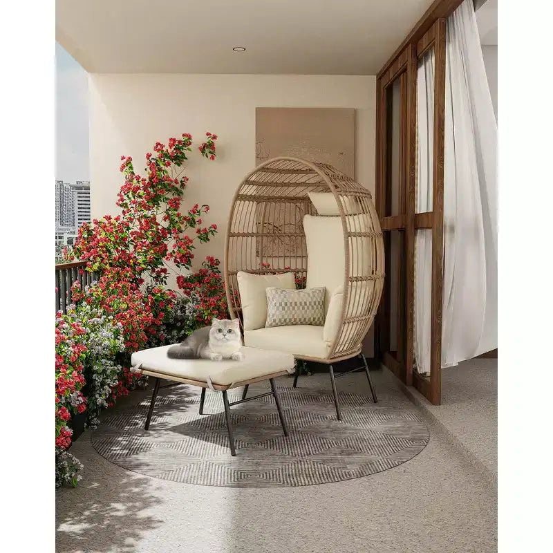 Fauteuil œuf en osier avec ottoman, fauteuil œuf en rotin avec coussin épais, fauteuil œuf confortable en rotin pour patio, porche, jardin intérieur/extérieur