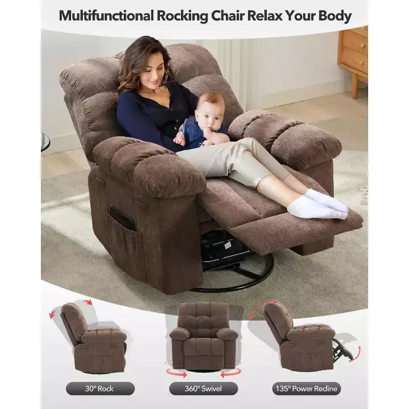 Fauteuil inclinable pivotant surdimensionné GUSTOWAVE pour adulte, inclinable manuel pivotant à 360°, canapé inclinable confortable en tissu doux