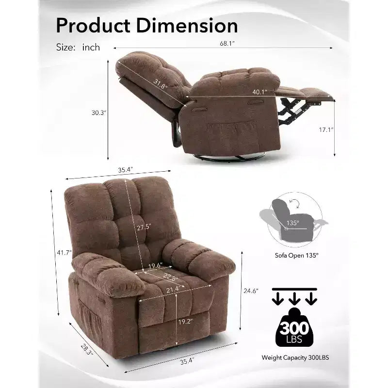 Fauteuil inclinable pivotant surdimensionné GUSTOWAVE pour adulte, inclinable manuel pivotant à 360°, canapé inclinable confortable en tissu doux