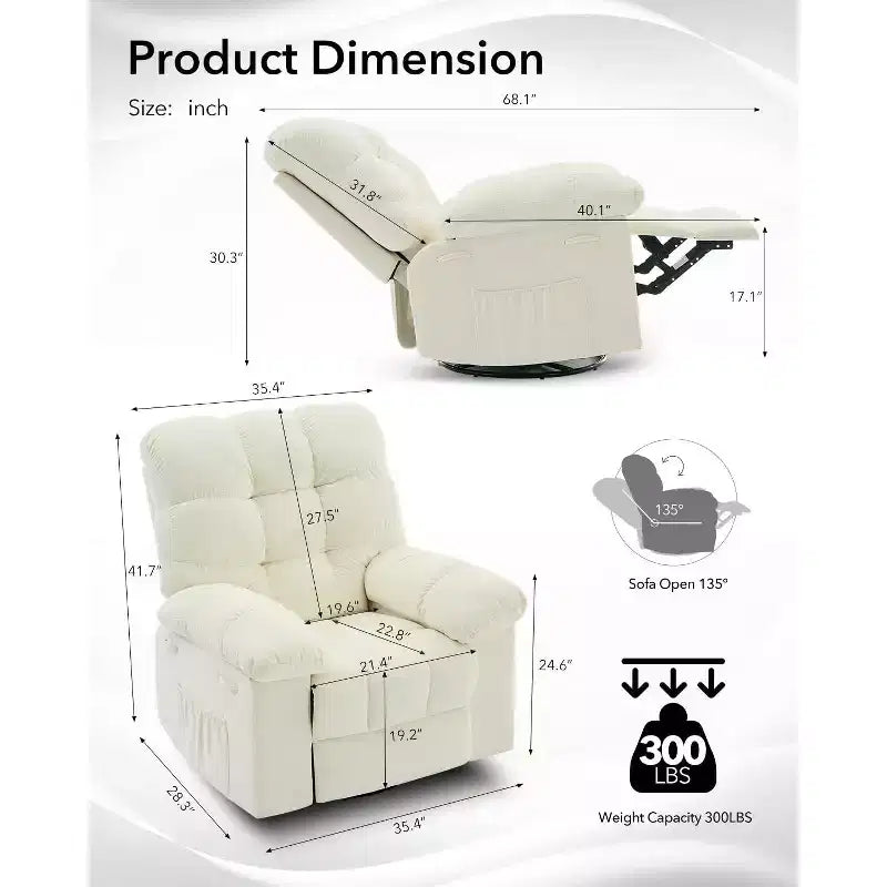 Fauteuil inclinable pivotant surdimensionné GUSTOWAVE pour adulte, inclinable manuel pivotant à 360°, canapé inclinable confortable en tissu doux