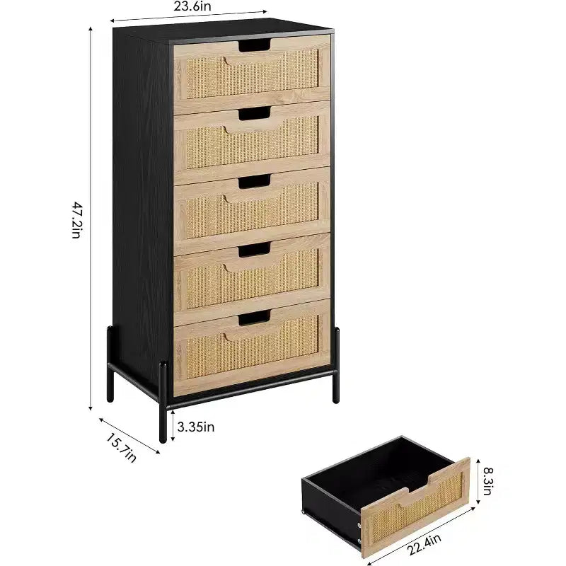 Commode à 5 tiroirs en rotin naturel, commode en bois, armoire de rangement de style rustique avec pieds en métal, commode moderne pour chambre à coucher, salon