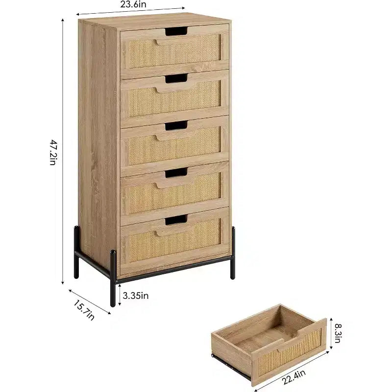 Commode à 5 tiroirs en rotin naturel, commode en bois, armoire de rangement de style rustique avec pieds en métal, commode moderne pour chambre à coucher, salon