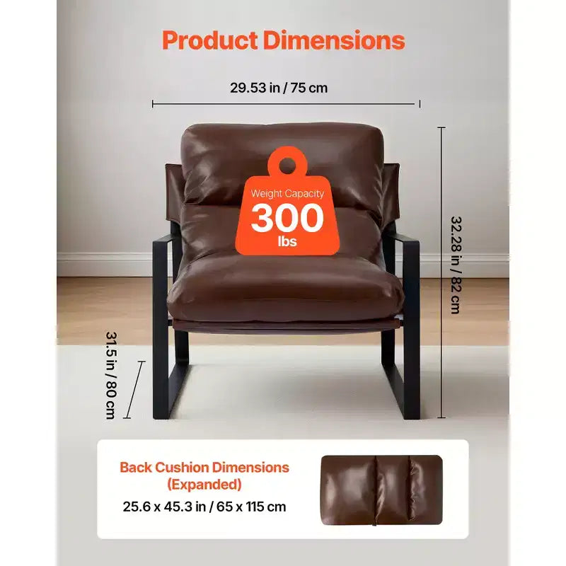 VEVOR Accent Chair, Modern PU Leather Armchair, Cozy Upholstered Chair, with Soft Foam Cushioning, Sturdy Metal Frame, and Detachable Cushion, Brown