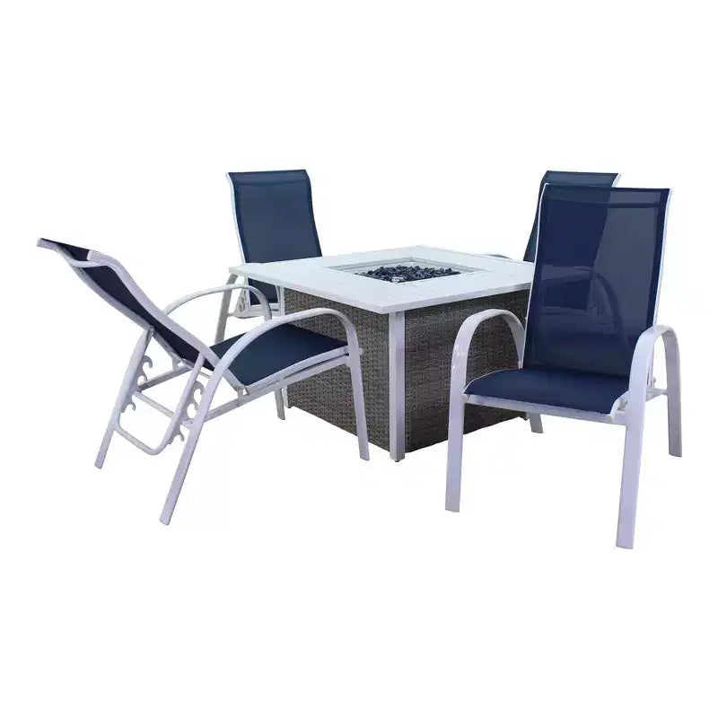 Courtyard Casual Santa Fe 5 pc Square Fire Pit Set with Sling Reclining Chairs Includes One Square Fire Pit and Four Sling Reclining Chairs