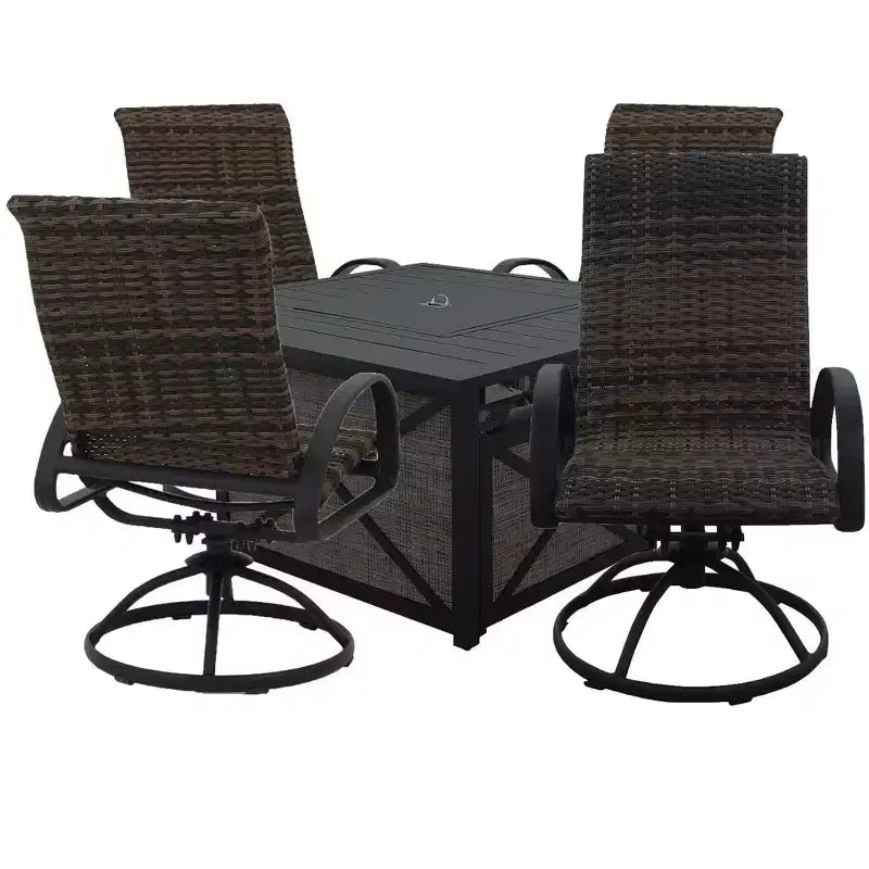 Courtyard Casual Santa Fe 5 pc Square Fire Pit Set with Wicker Swivel Rockers Includes One Square Fire Pit and Four Swivel Rockers with Wicker Seats