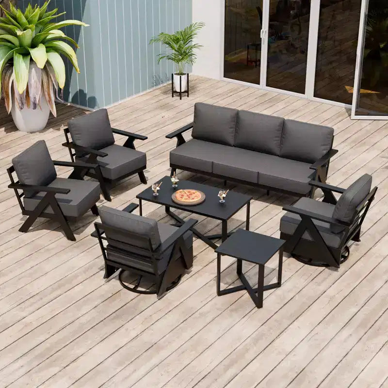 EAGLE PEAK Ensemble de mobilier de jardin moderne 7 pièces en ardoise urbaine, canapé, fauteuils à bascule pivotants, chaises de patio, table basse et table d'appoint