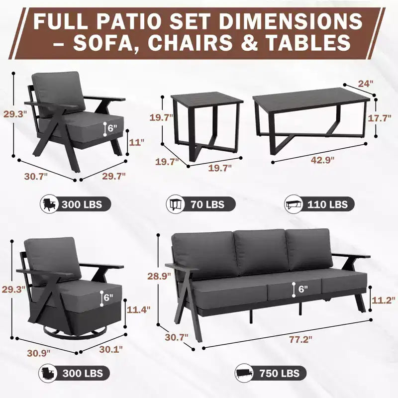 EAGLE PEAK Ensemble de mobilier de jardin moderne 7 pièces en ardoise urbaine, canapé, fauteuils à bascule pivotants, chaises de patio, table basse et table d'appoint