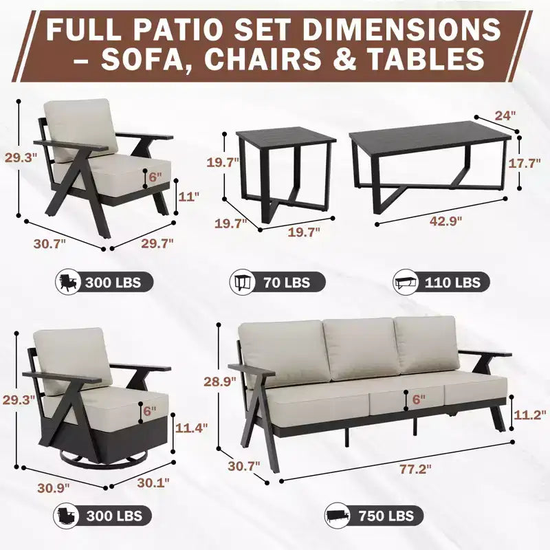 EAGLE PEAK Ensemble de mobilier de jardin moderne 7 pièces en ardoise urbaine, canapé, fauteuils à bascule pivotants, chaises de patio, table basse et table d'appoint
