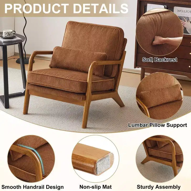 Karl Home Mid Century Solid Wood Accent Chair Upholstered Armchair with an Extra Pillow