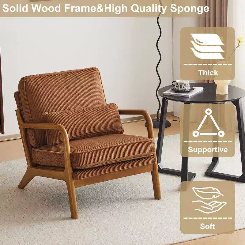 Karl Home Mid Century Solid Wood Accent Chair Upholstered Armchair with an Extra Pillow