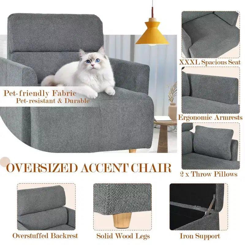 CLIHOME Oversized Chair With Storage Ottoman, Wide Accent Armchair Chair, Upholstered Mid-Century Reading Chair, Deep Seat Sofa Couch