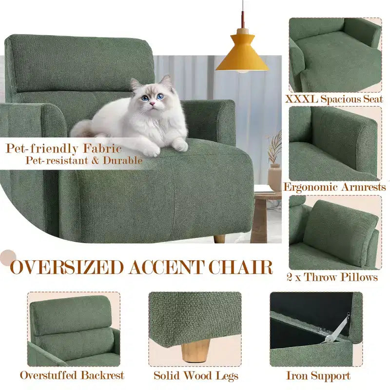 CLIHOME Oversized Chair With Storage Ottoman, Wide Accent Armchair Chair, Upholstered Mid-Century Reading Chair, Deep Seat Sofa Couch