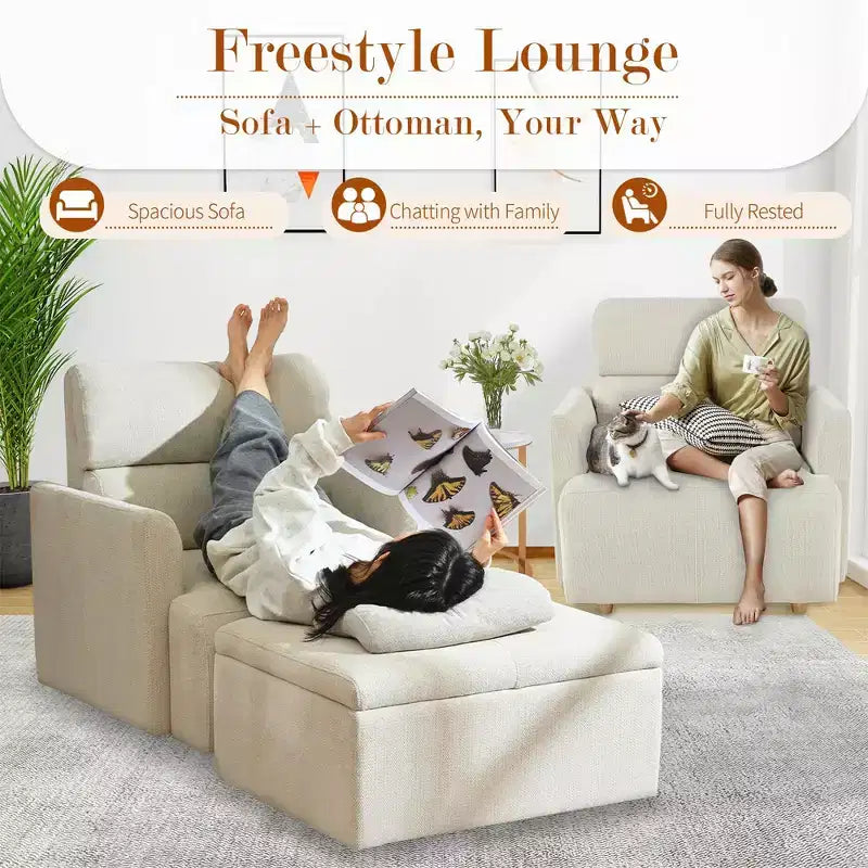 CLIHOME Oversized Chair With Storage Ottoman, Wide Accent Armchair Chair, Upholstered Mid-Century Reading Chair, Deep Seat Sofa Couch