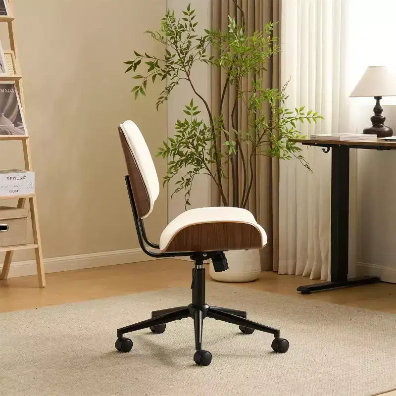 VINGLI Wide Curved Seat&Back Armless Home Office Chair,Ergoromic Adjustable-Height Desk Chair,Stylish Walnut Task Chair,PU