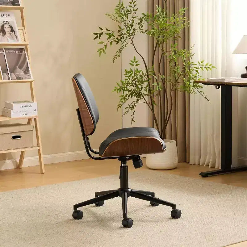VINGLI Wide Curved Seat&Back Armless Home Office Chair,Ergoromic Adjustable-Height Desk Chair,Stylish Walnut Task Chair,PU