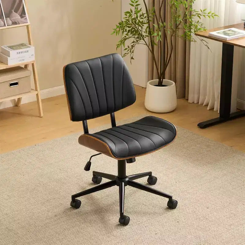 VINGLI Wide Curved Seat&Back Armless Home Office Chair,Ergoromic Adjustable-Height Desk Chair,Stylish Walnut Task Chair,PU