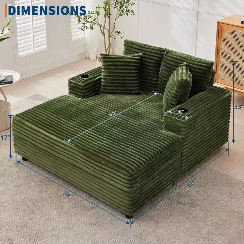 Fauteuil-méridienne surdimensionné 54, canapé-lit rembourré avec porte-gobelet, canapé confortable en velours côtelé pour salon chambre, vert