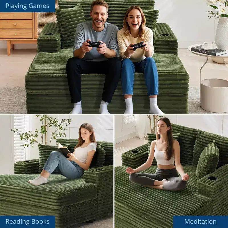 Fauteuil-méridienne surdimensionné 54, canapé-lit rembourré avec porte-gobelet, canapé confortable en velours côtelé pour salon chambre, vert