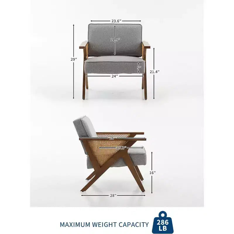 Fauteuil de salon en rotin du milieu du siècle, fauteuil vintage en lin rembourré avec cadre en bois massif pour salon/chambre à coucher, capacité de 130 kg, beige/gris (1 pièce)
