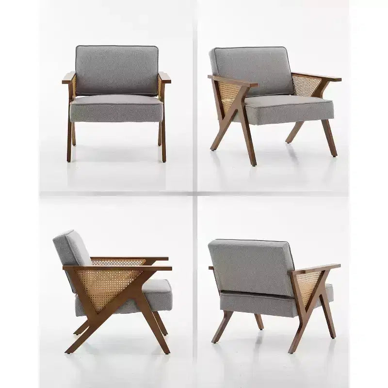 Fauteuil de salon en rotin du milieu du siècle, fauteuil vintage en lin rembourré avec cadre en bois massif pour salon/chambre à coucher, capacité de 130 kg, beige/gris (1 pièce)