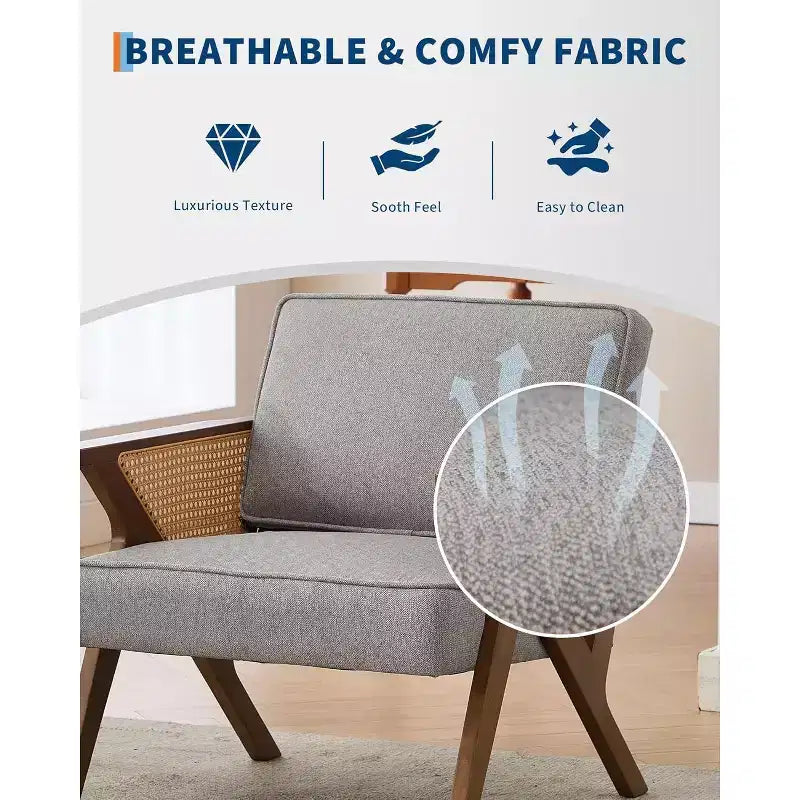 Fauteuil de salon en rotin du milieu du siècle, fauteuil vintage en lin rembourré avec cadre en bois massif pour salon/chambre à coucher, capacité de 130 kg, beige/gris (1 pièce)