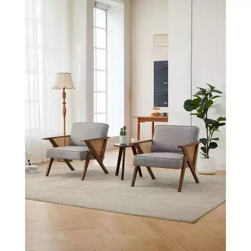 Fauteuil de salon en rotin du milieu du siècle, fauteuil vintage en lin rembourré avec cadre en bois massif pour salon/chambre à coucher, capacité de 130 kg, beige/gris (1 pièce)