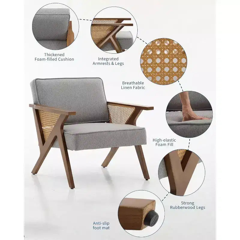 Fauteuil de salon en rotin du milieu du siècle, fauteuil vintage en lin rembourré avec cadre en bois massif pour salon/chambre à coucher, capacité de 130 kg, beige/gris (1 pièce)