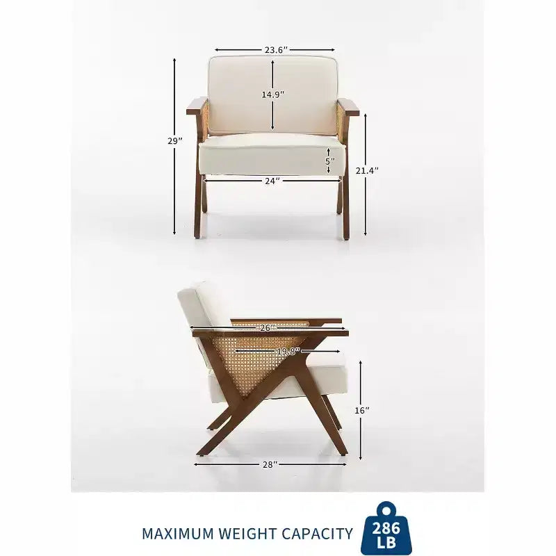 Fauteuil de salon en rotin du milieu du siècle, fauteuil vintage en lin rembourré avec cadre en bois massif pour salon/chambre à coucher, capacité de 130 kg, beige/gris (1 pièce)