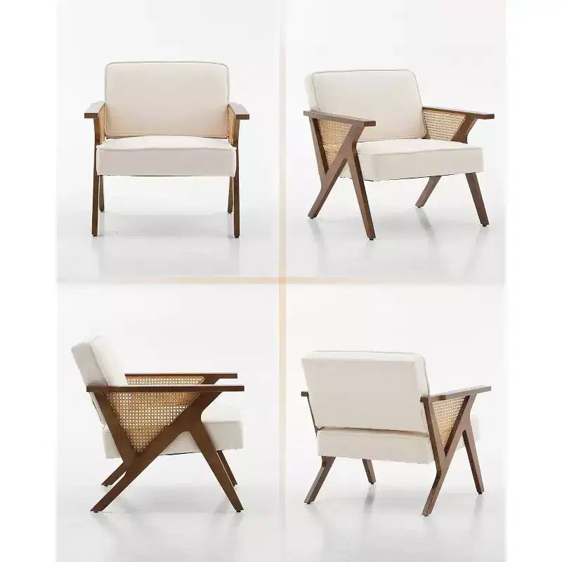 Fauteuil de salon en rotin du milieu du siècle, fauteuil vintage en lin rembourré avec cadre en bois massif pour salon/chambre à coucher, capacité de 130 kg, beige/gris (1 pièce)