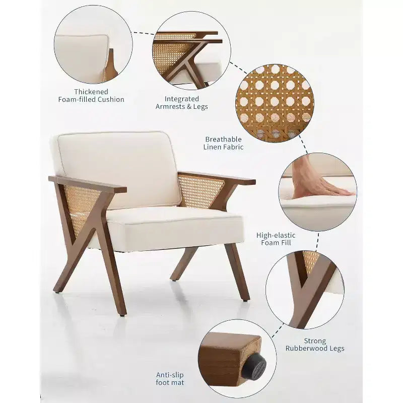 Fauteuil de salon en rotin du milieu du siècle, fauteuil vintage en lin rembourré avec cadre en bois massif pour salon/chambre à coucher, capacité de 130 kg, beige/gris (1 pièce)