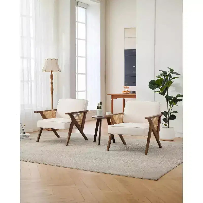 Fauteuil de salon en rotin du milieu du siècle, fauteuil vintage en lin rembourré avec cadre en bois massif pour salon/chambre à coucher, capacité de 130 kg, beige/gris (1 pièce)